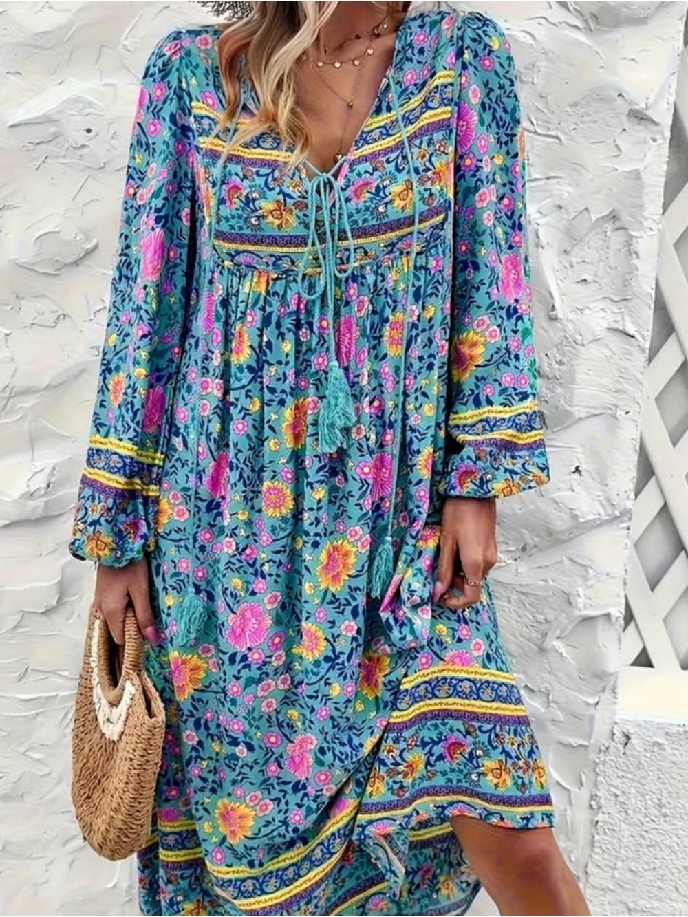 Bohemian Floral Midi Dress - Turquoise